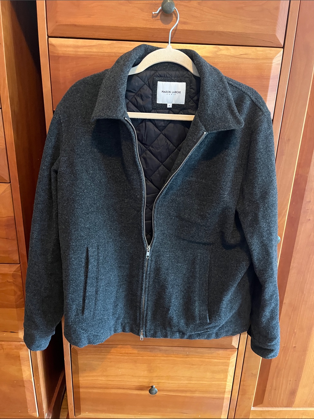 Maison Labiche Paris Wooo Jacket With Quilted Lining, Size M, Charcoal Gray